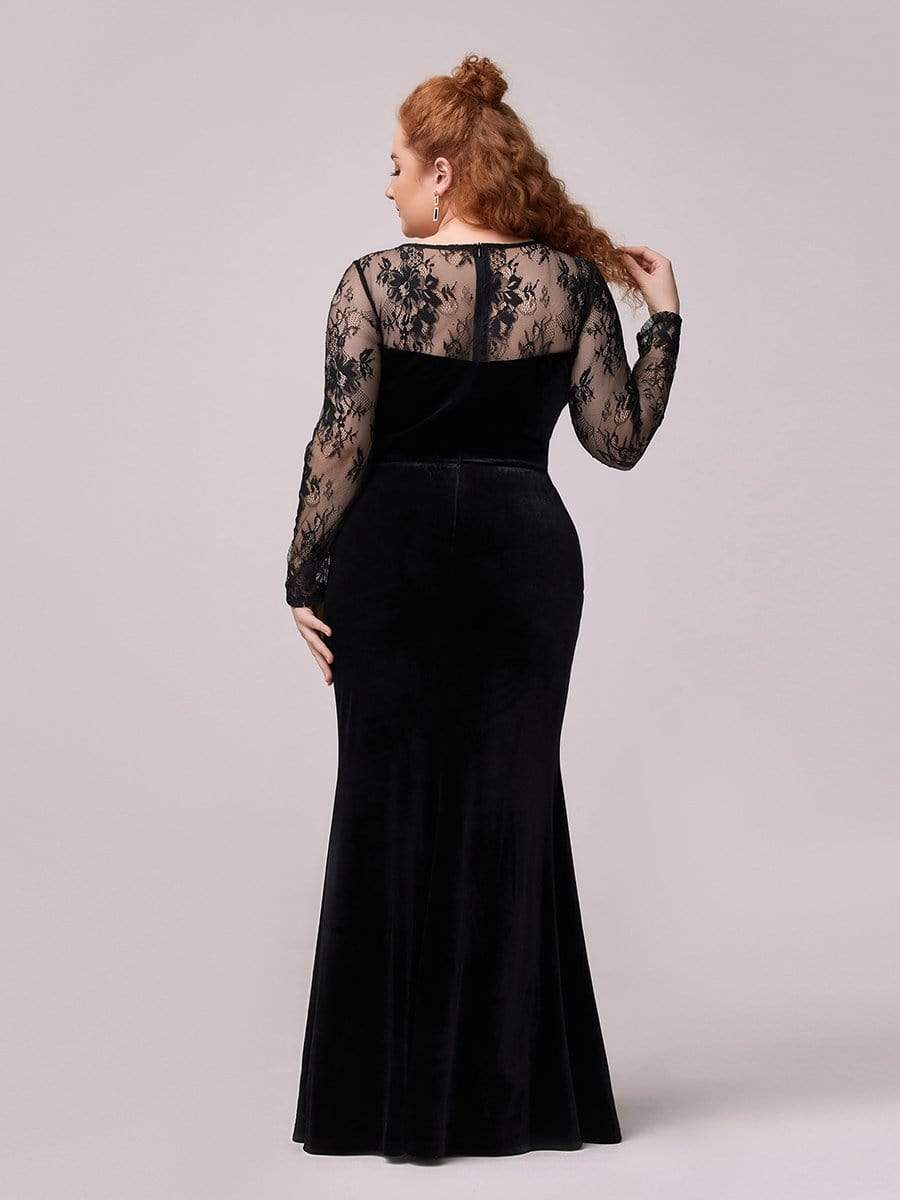 Color=Black | Trendy Plus Size Side Split Velvet& Lace Evening Dress-Black 2 Color=Black | Trendy Plus Size Side Split Velvet& Lace Evening Dress-Black 2