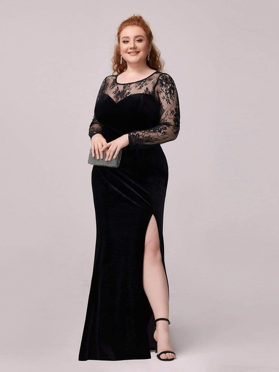 Color=Black | Trendy Plus Size Side Split Velvet& Lace Evening Dress-Black 3 Color=Black | Trendy Plus Size Side Split Velvet& Lace Evening Dress-Black 3