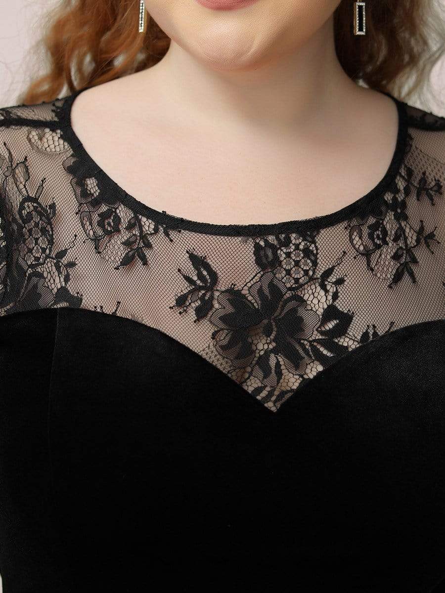 Color=Black | Trendy Plus Size Side Split Velvet& Lace Evening Dress-Black 5 Color=Black | Trendy Plus Size Side Split Velvet& Lace Evening Dress-Black 5