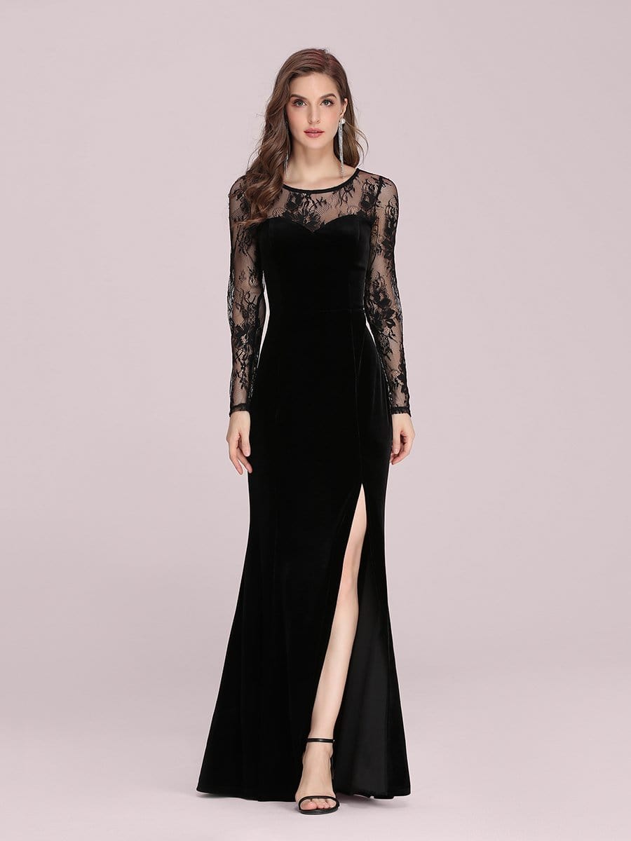 Color=Black | Sexy Lace Neckline Maxi Velvet Evening Dress With Side Split-Black 1 Color=Black | Sexy Lace Neckline Maxi Velvet Evening Dress With Side Split-Black 1