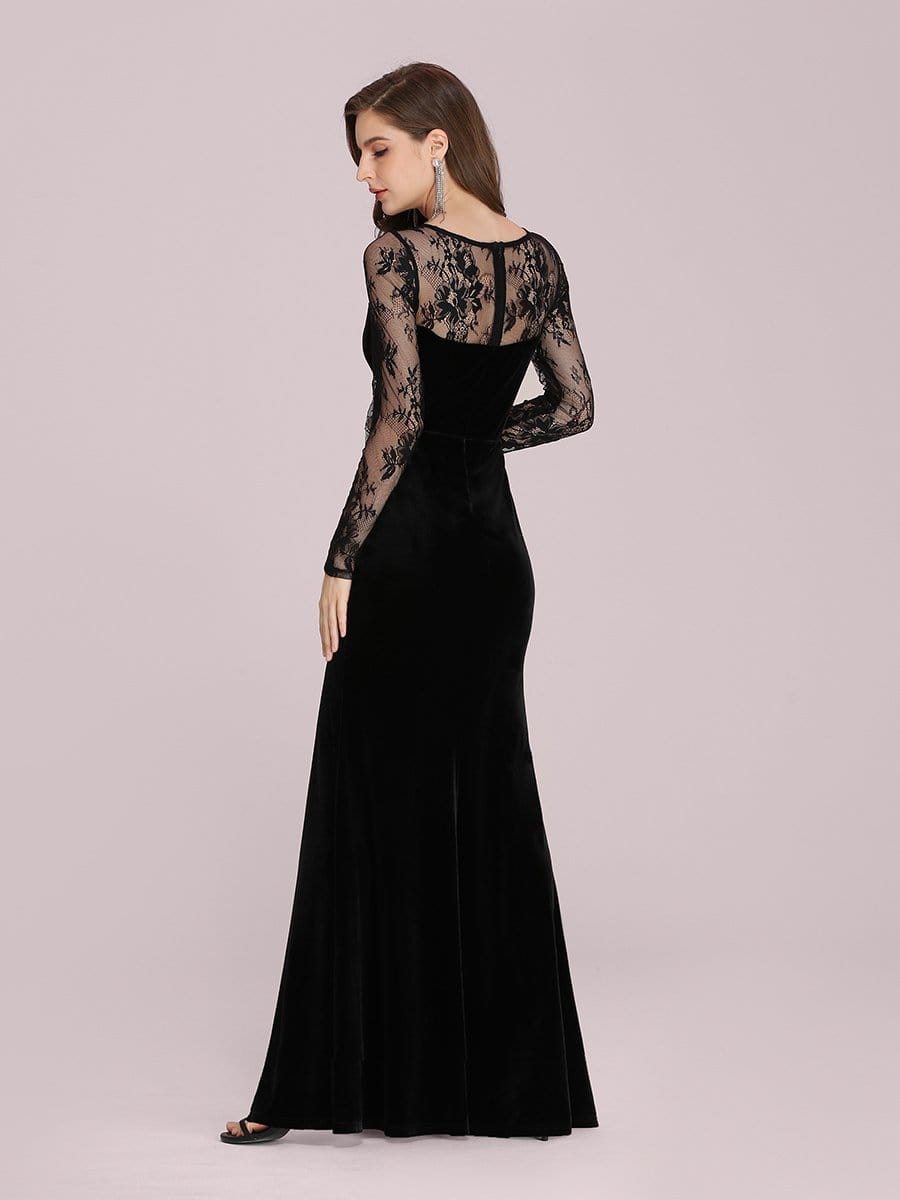 Color=Black | Sexy Lace Neckline Maxi Velvet Evening Dress With Side Split-Black 2 Color=Black | Sexy Lace Neckline Maxi Velvet Evening Dress With Side Split-Black 2