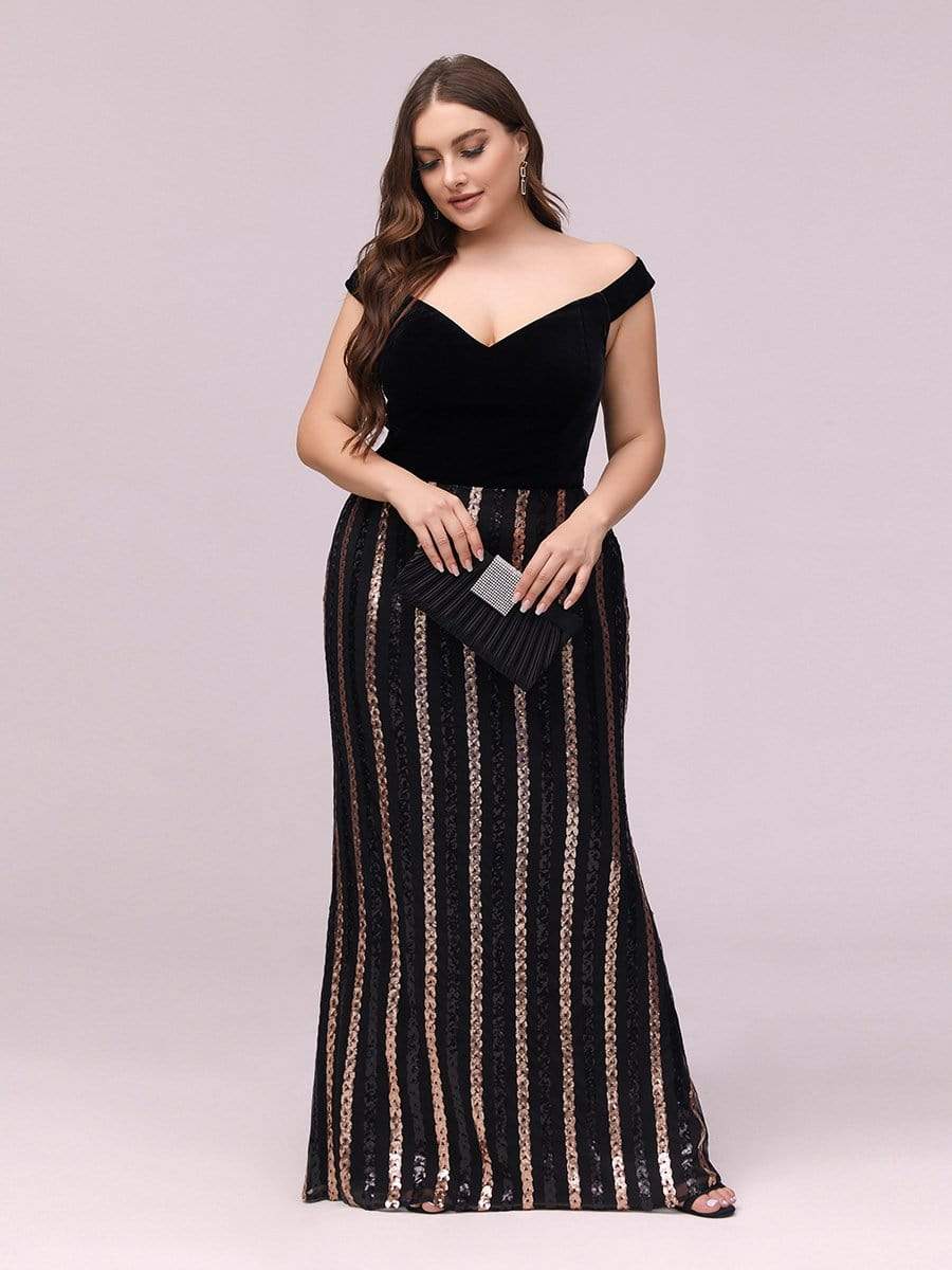 Color=Black | Women'S Hot Off Shoulder Fishtail Sequin Evening Dress-Black 4 Color=Black | Women'S Hot Off Shoulder Fishtail Sequin Evening Dress-Black 4