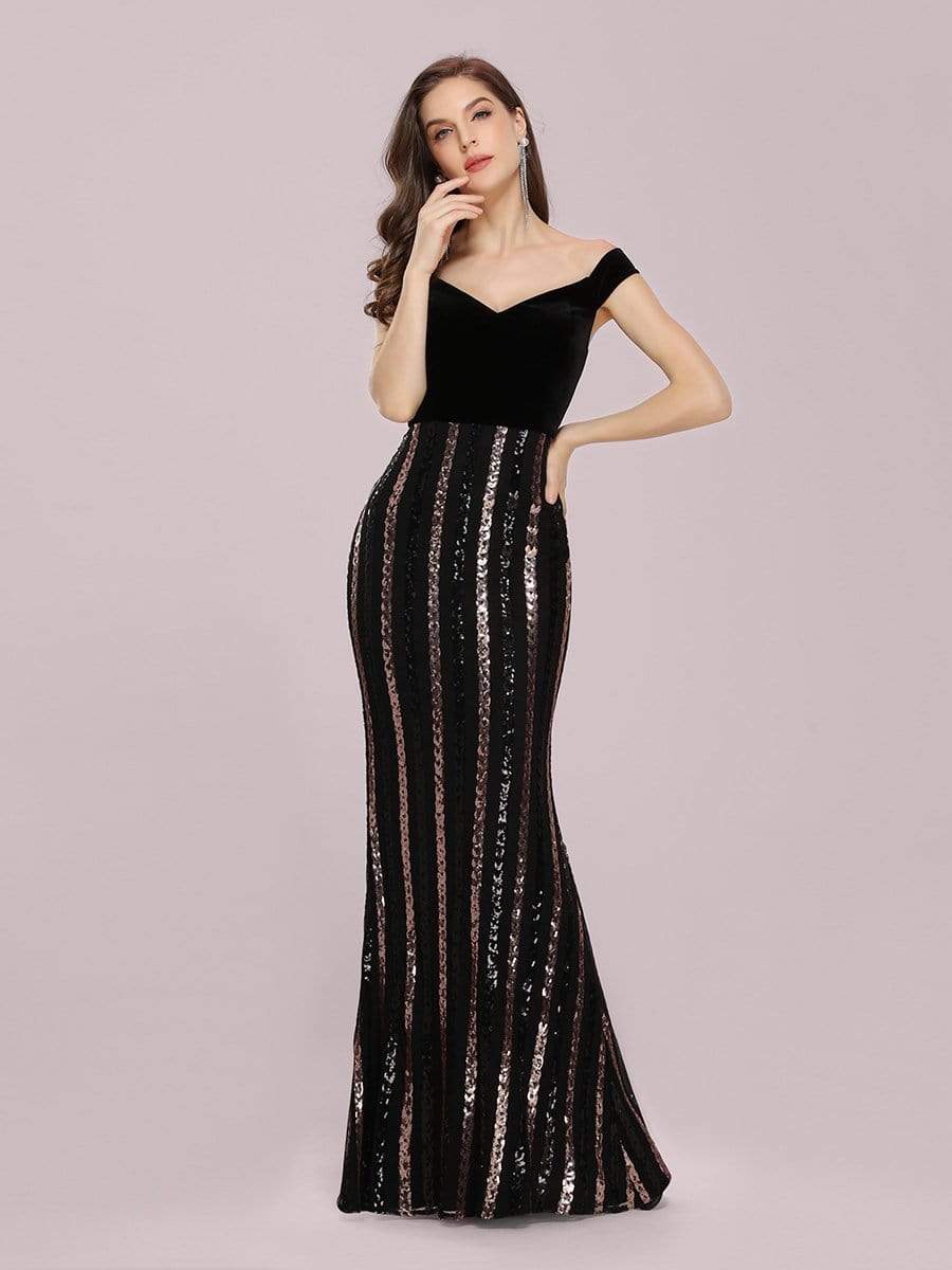 Color=Black | Women'S Hot Off Shoulder Fishtail Sequin Evening Dress-Black 1 Color=Black | Women'S Hot Off Shoulder Fishtail Sequin Evening Dress-Black 1