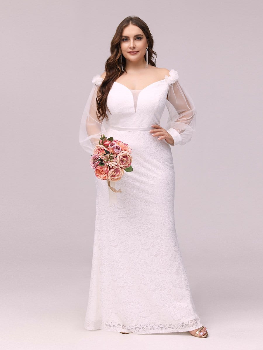 Color=Cream | Dainty Fishtail Lace Plus Size Wedding Dress With See-Through Sleeves-Cream 1 Color=Cream | Dainty Fishtail Lace Plus Size Wedding Dress With See-Through Sleeves-Cream 1