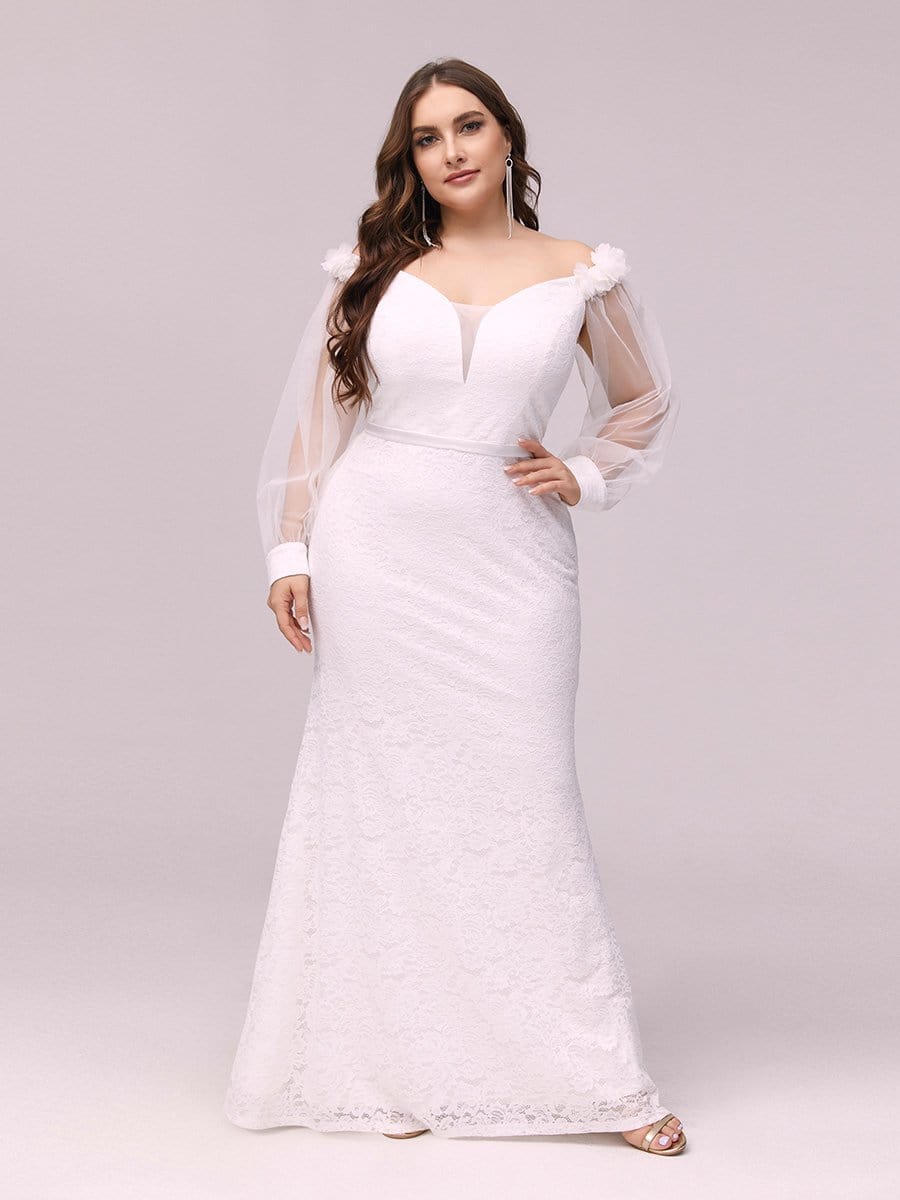 Color=Cream | Dainty Fishtail Lace Plus Size Wedding Dress With See-Through Sleeves-Cream 3 Color=Cream | Dainty Fishtail Lace Plus Size Wedding Dress With See-Through Sleeves-Cream 3