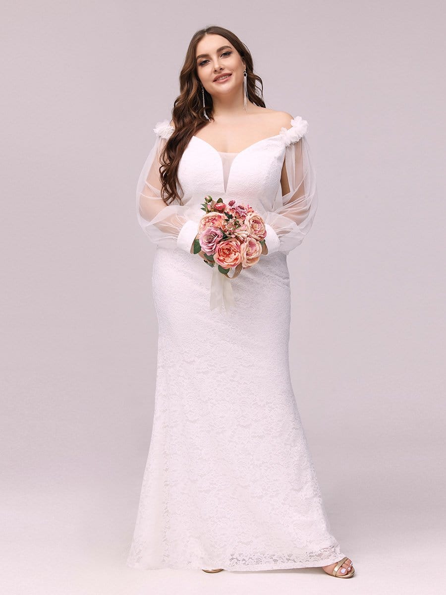 Color=Cream | Dainty Fishtail Lace Plus Size Wedding Dress With See-Through Sleeves-Cream 4 Color=Cream | Dainty Fishtail Lace Plus Size Wedding Dress With See-Through Sleeves-Cream 4