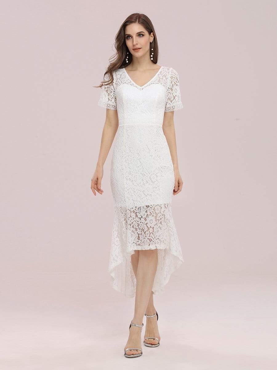 Color=Cream | Simple V Neck Fishtail Tea Length Lace Party Dress-Cream 1 Color=Cream | Simple V Neck Fishtail Tea Length Lace Party Dress-Cream 1