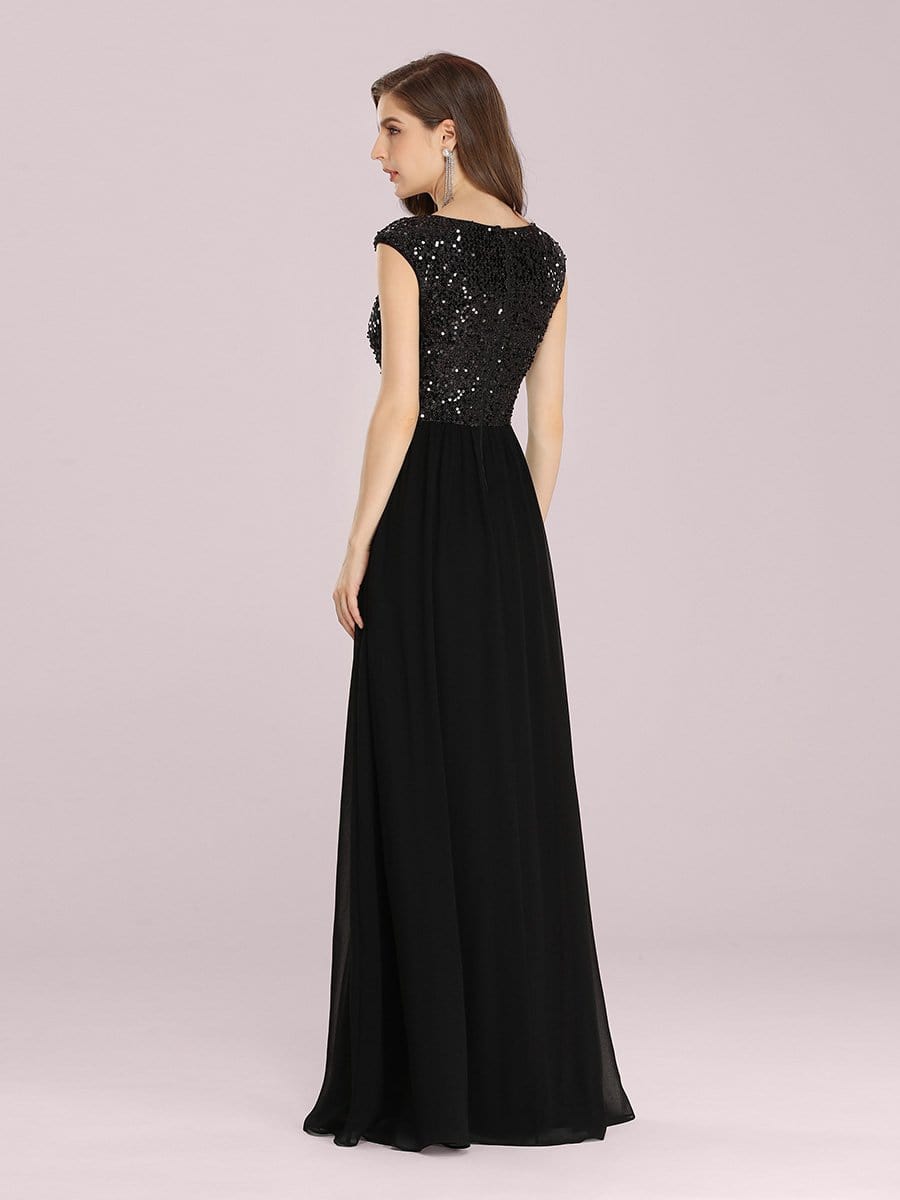 Color=Black | Stunning A-Line Chiffon Evening Dress With Sequin Bodice-Black 2 Color=Black | Stunning A-Line Chiffon Evening Dress With Sequin Bodice-Black 2