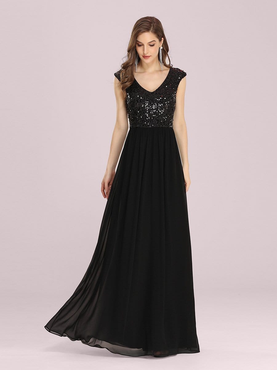Color=Black | Stunning A-Line Chiffon Evening Dress With Sequin Bodice-Black 3 Color=Black | Stunning A-Line Chiffon Evening Dress With Sequin Bodice-Black 3