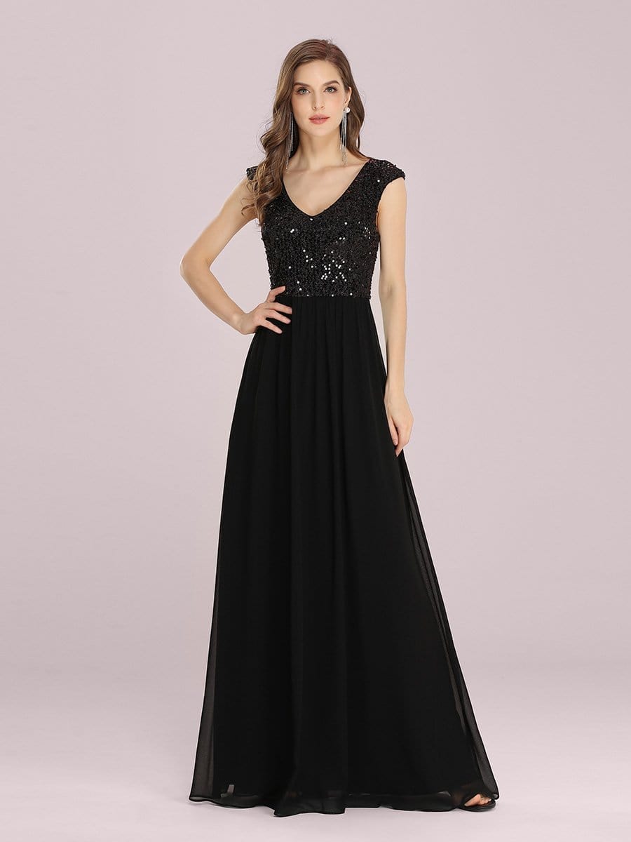 Color=Black | Stunning A-Line Chiffon Evening Dress With Sequin Bodice-Black 4 Color=Black | Stunning A-Line Chiffon Evening Dress With Sequin Bodice-Black 4