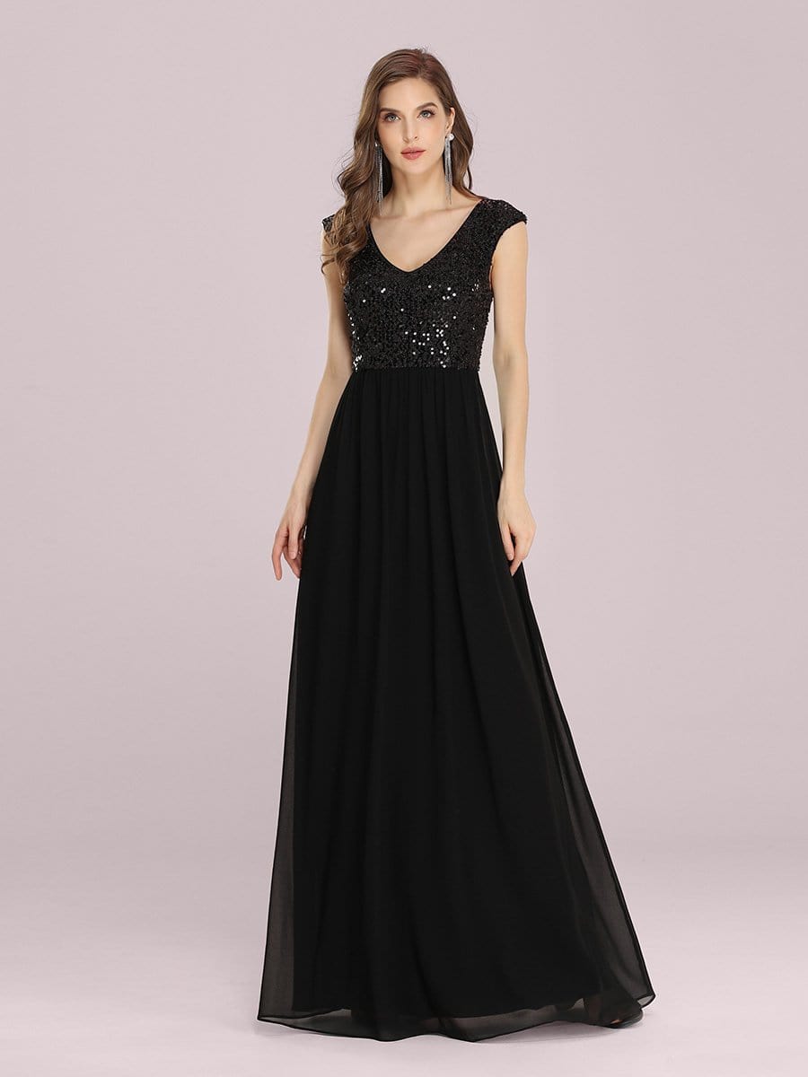 Color=Black | Stunning A-Line Chiffon Evening Dress With Sequin Bodice-Black 1 Color=Black | Stunning A-Line Chiffon Evening Dress With Sequin Bodice-Black 1