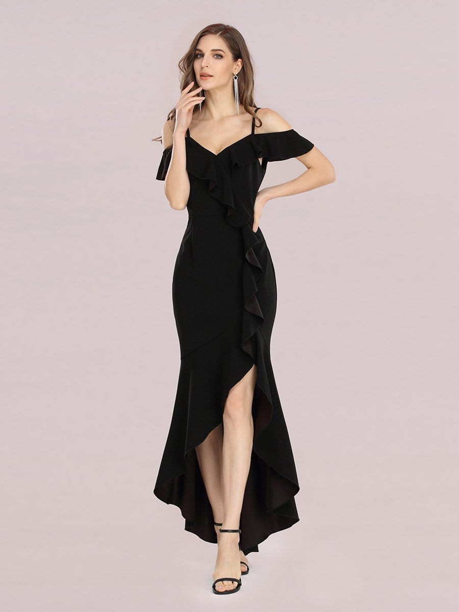 Color=Black | Sexy Long High-Low Party Dress With Spaghetti Straps-Black 1 Color=Black | Sexy Long High-Low Party Dress With Spaghetti Straps-Black 1