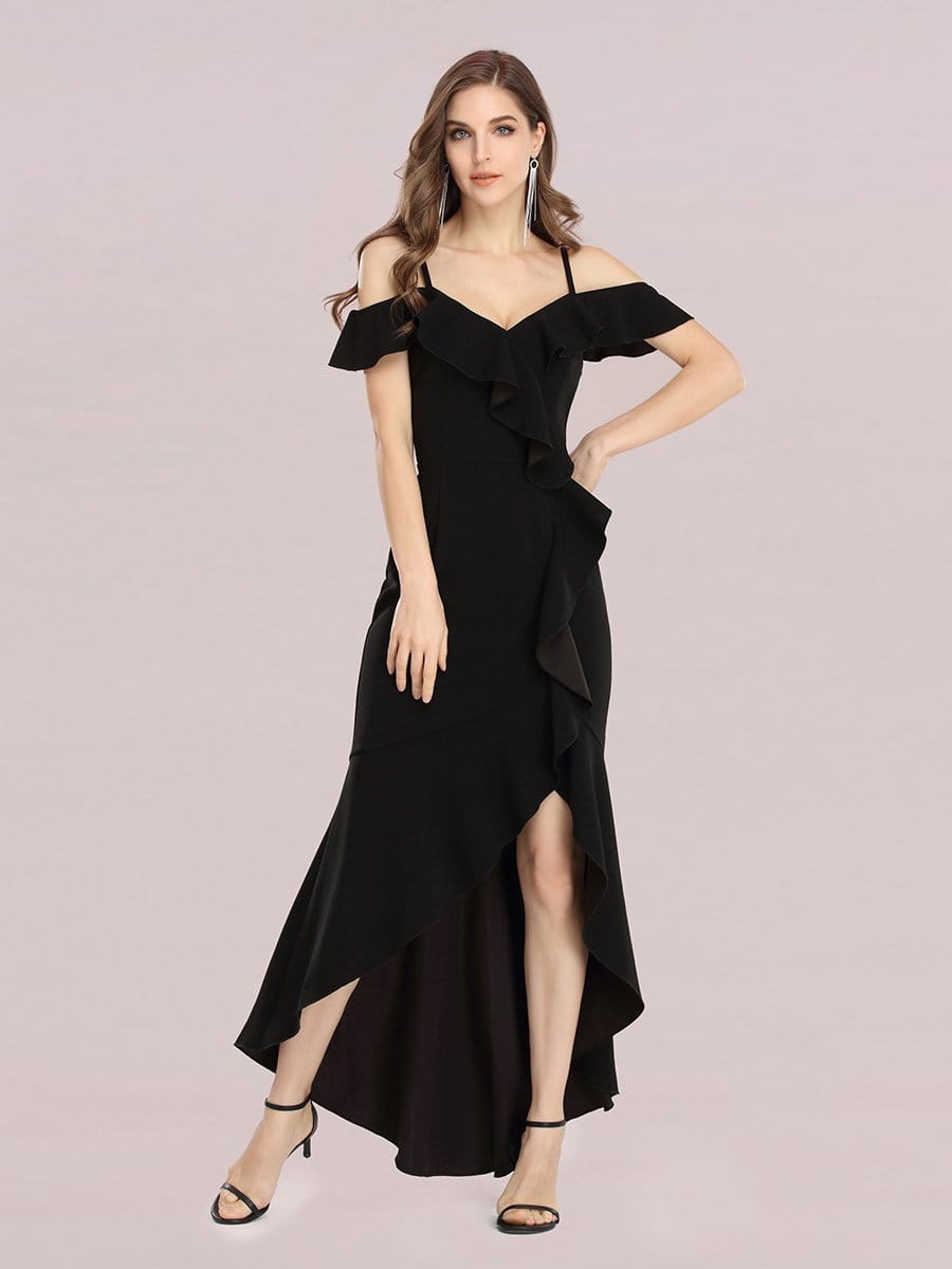 Color=Black | Sexy Long High-Low Party Dress With Spaghetti Straps-Black 4 Color=Black | Sexy Long High-Low Party Dress With Spaghetti Straps-Black 4