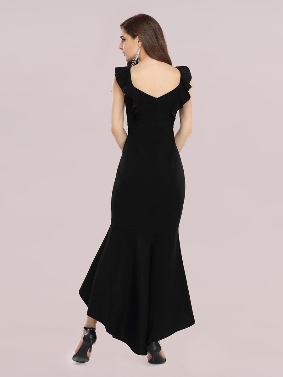 Color=Black | Stylish Maxi V Neck High-Low Fishtail Party Dress-Black 2 Color=Black | Stylish Maxi V Neck High-Low Fishtail Party Dress-Black 2
