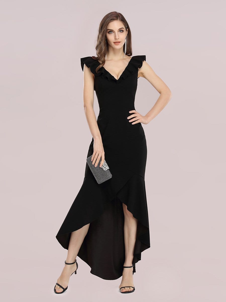 Color=Black | Stylish Maxi V Neck High-Low Fishtail Party Dress-Black 1 Color=Black | Stylish Maxi V Neck High-Low Fishtail Party Dress-Black 1