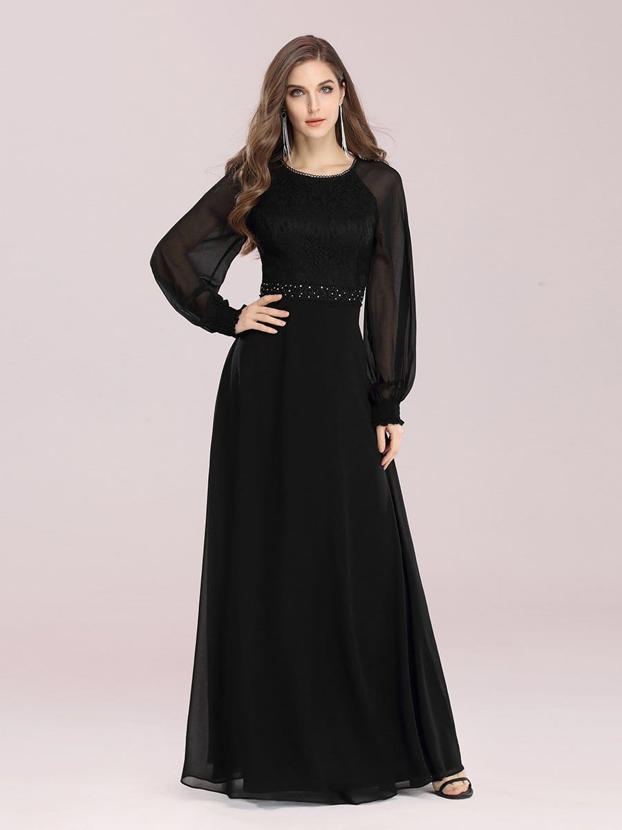 Color=Black | Simple A-Line Chiffon Evening Dress With Long Sleeves-Black 3 Color=Black | Simple A-Line Chiffon Evening Dress With Long Sleeves-Black 3