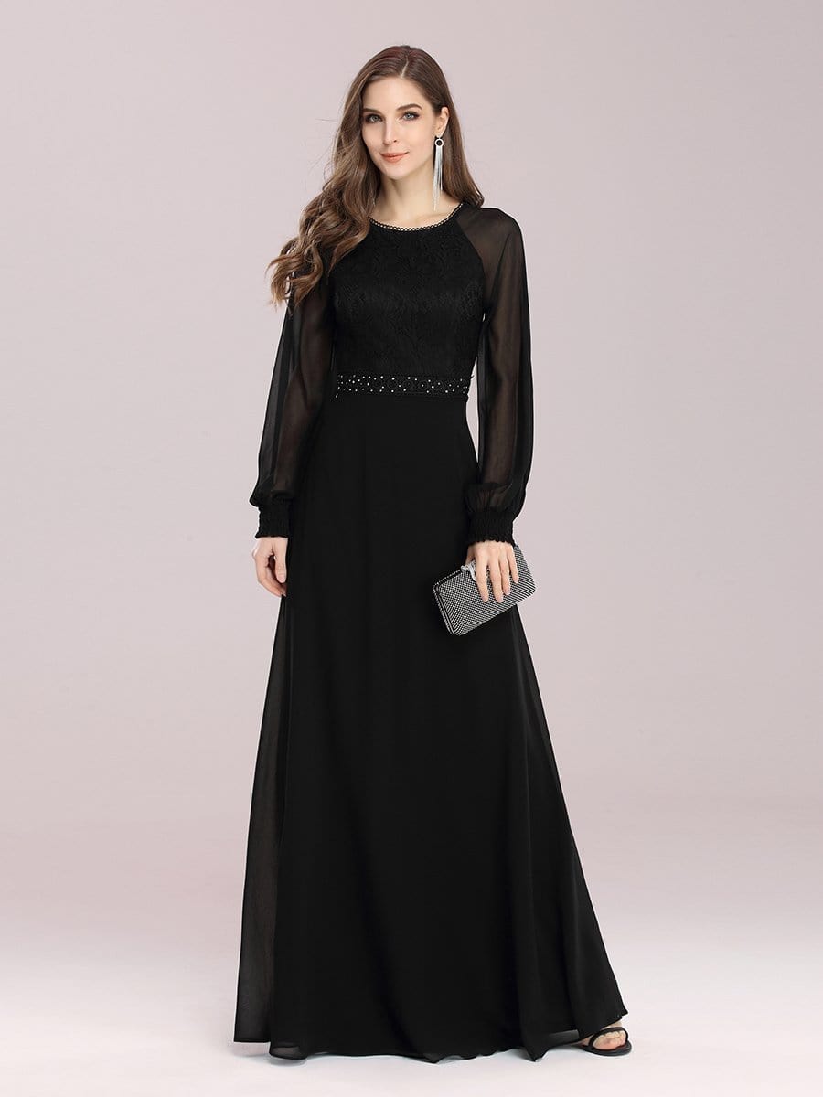 Color=Black | Simple A-Line Chiffon Evening Dress With Long Sleeves-Black 4 Color=Black | Simple A-Line Chiffon Evening Dress With Long Sleeves-Black 4