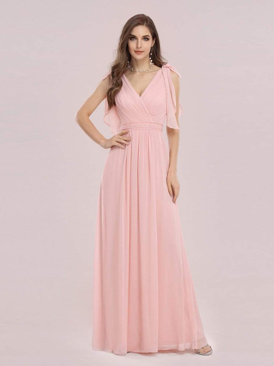 Color=Pink | Romantic Sleek V Neck High Waist Chiffon Bridesmaid Dress-Pink 4 Color=Pink | Romantic Sleek V Neck High Waist Chiffon Bridesmaid Dress-Pink 4