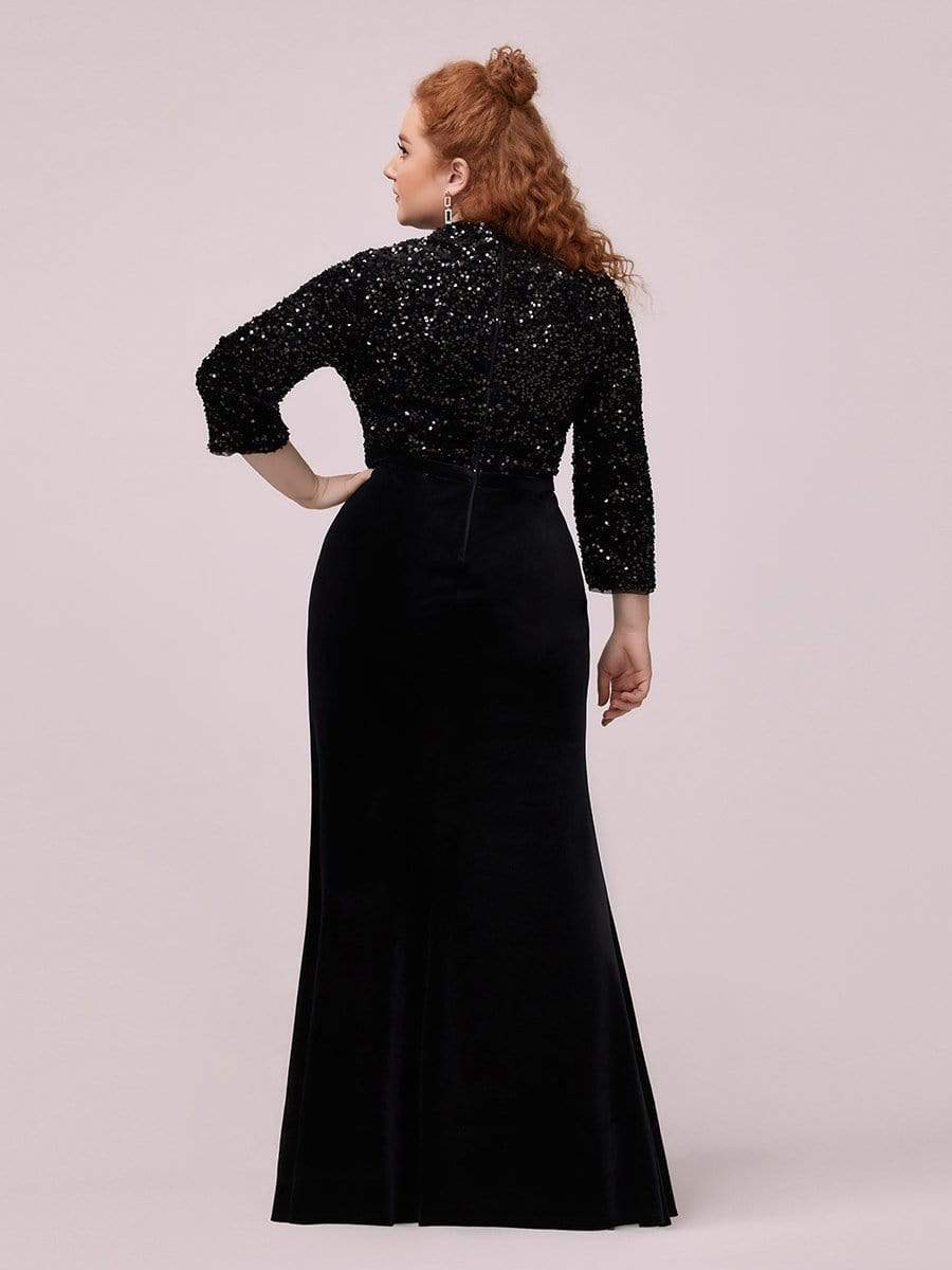 Color=Black | Plus Size Maxi Mermaid Velvet & Sequin Evening Dress-Black 2 Color=Black | Plus Size Maxi Mermaid Velvet & Sequin Evening Dress-Black 2