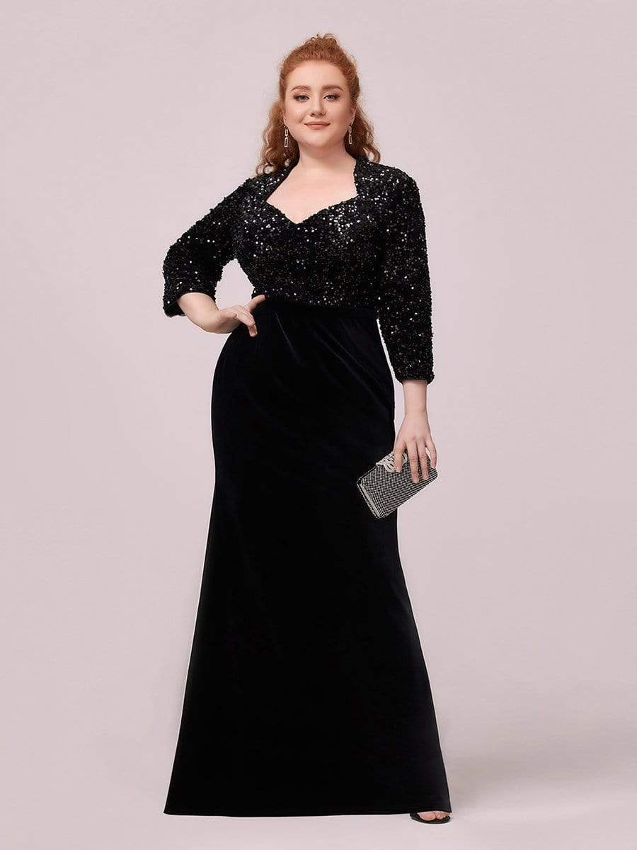 Color=Black | Plus Size Maxi Mermaid Velvet & Sequin Evening Dress-Black 4 Color=Black | Plus Size Maxi Mermaid Velvet & Sequin Evening Dress-Black 4