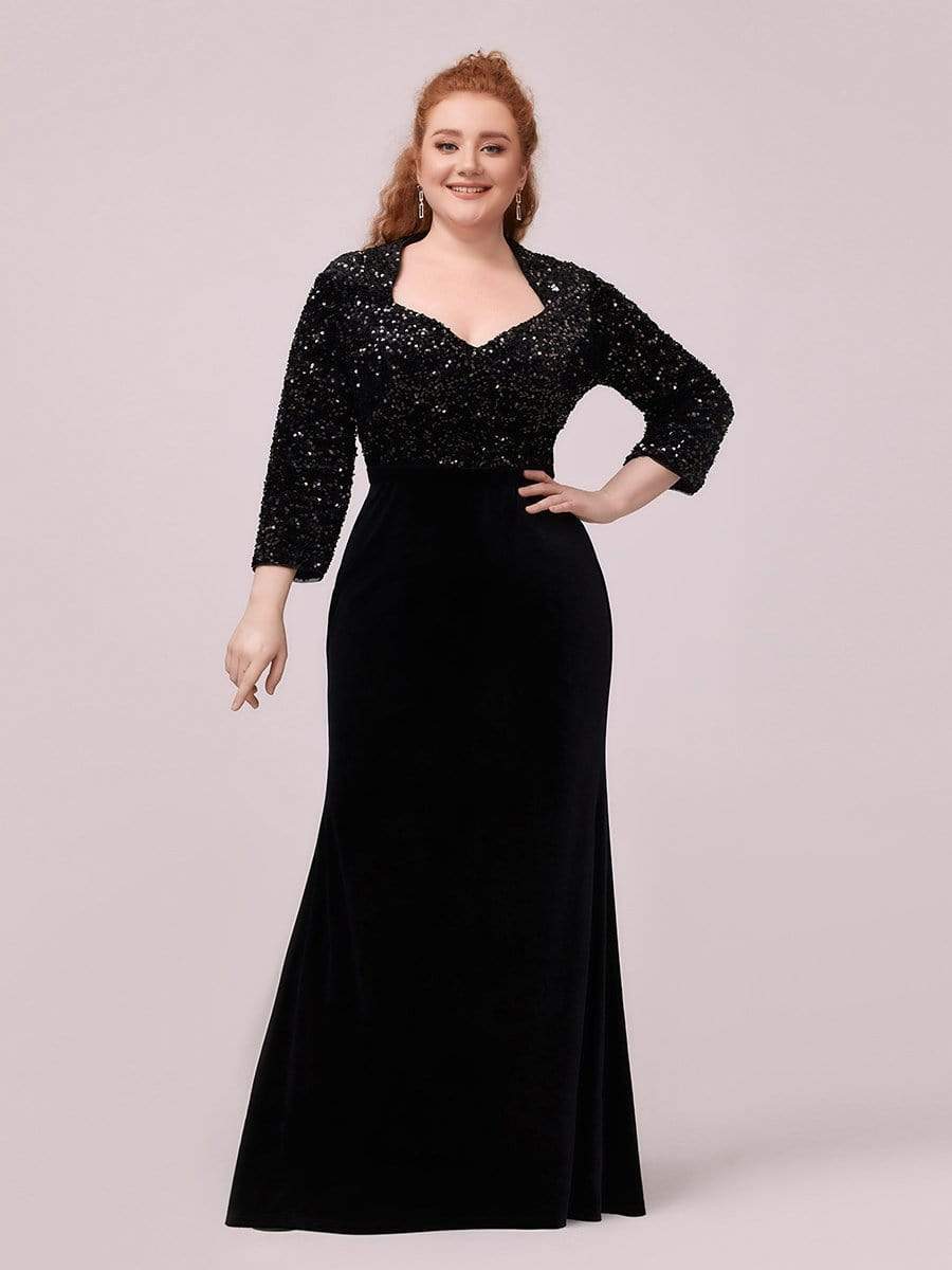 Color=Black | Plus Size Maxi Mermaid Velvet & Sequin Evening Dress-Black 1 Color=Black | Plus Size Maxi Mermaid Velvet & Sequin Evening Dress-Black 1