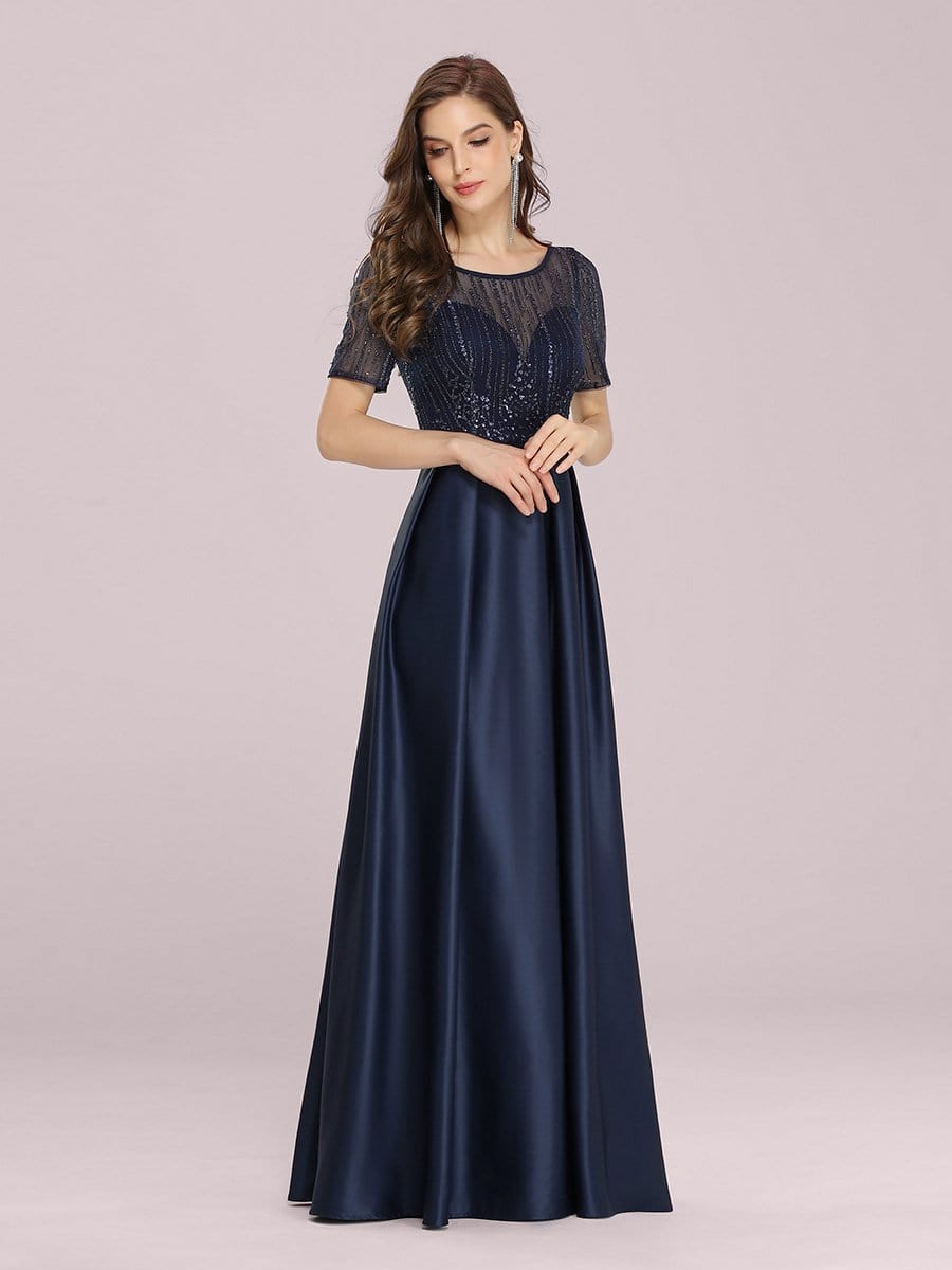 Color=Navy Blue | Modest Deep V Neck Maxi Evening Dress With Appliques-Navy Blue 4 Color=Navy Blue | Modest Deep V Neck Maxi Evening Dress With Appliques-Navy Blue 4