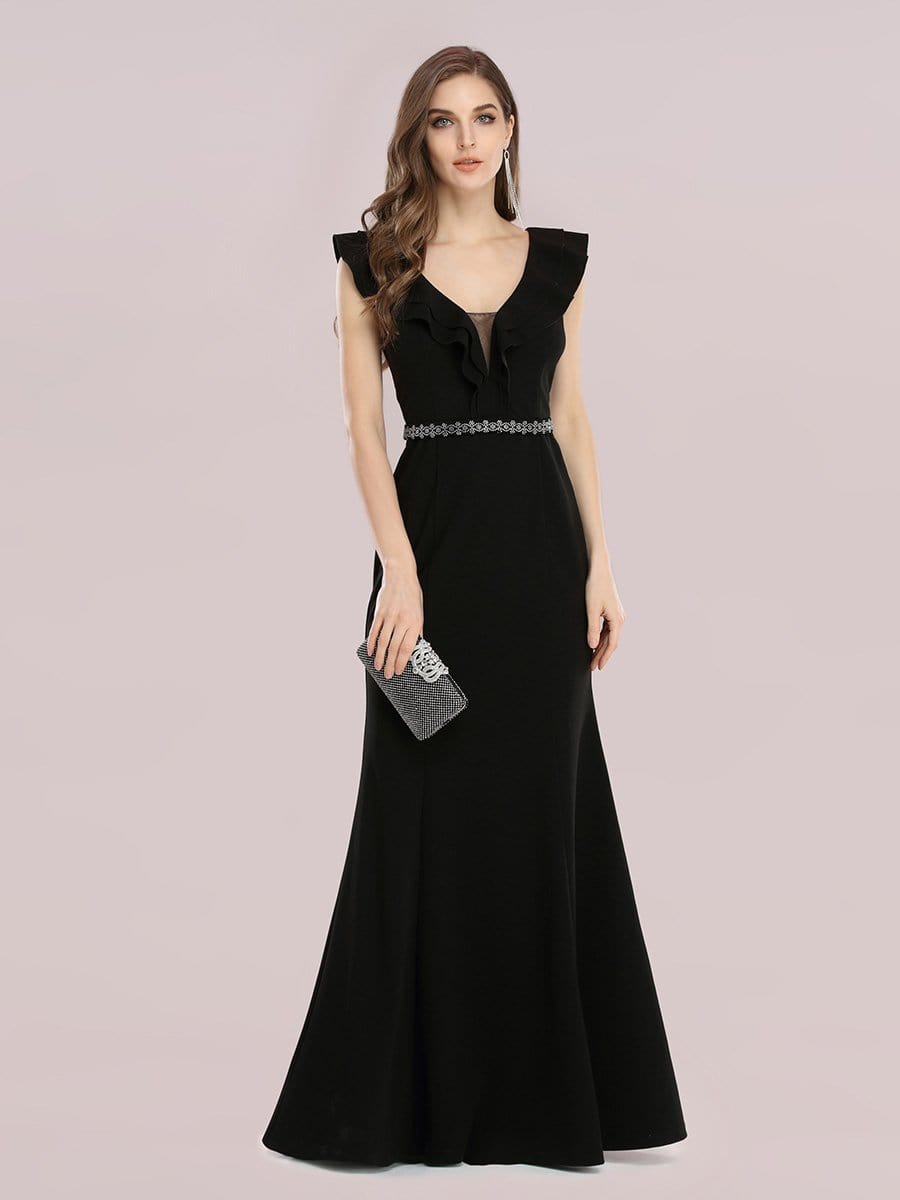 Color=Black | Deep V Neck Fishtail Evening Dress With Hot Drill Belt-Black 3 Color=Black | Deep V Neck Fishtail Evening Dress With Hot Drill Belt-Black 3