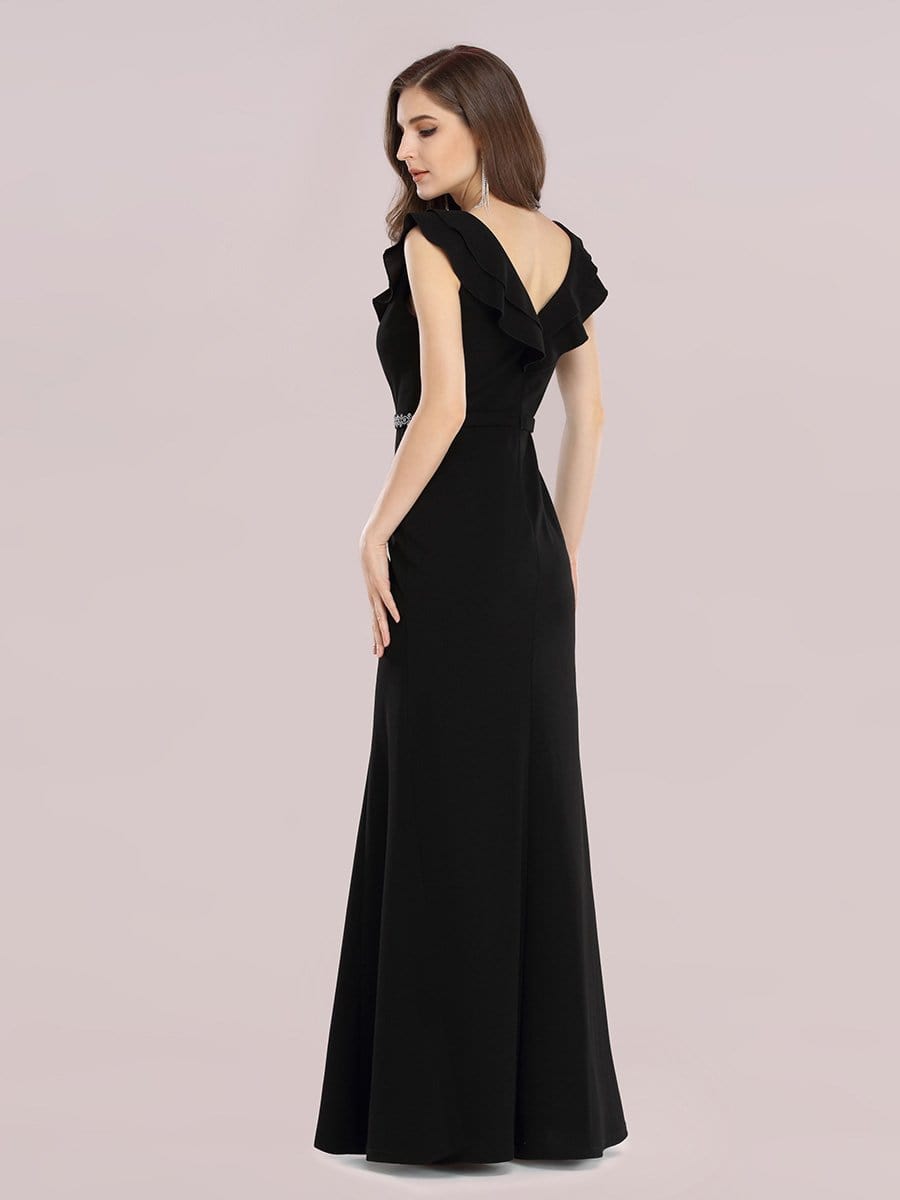 Color=Black | Deep V Neck Fishtail Evening Dress With Hot Drill Belt-Black 2 Color=Black | Deep V Neck Fishtail Evening Dress With Hot Drill Belt-Black 2