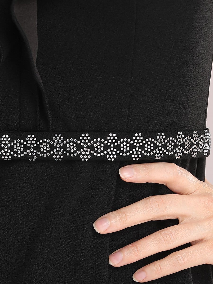 Color=Black | Deep V Neck Fishtail Evening Dress With Hot Drill Belt-Black 5 Color=Black | Deep V Neck Fishtail Evening Dress With Hot Drill Belt-Black 5