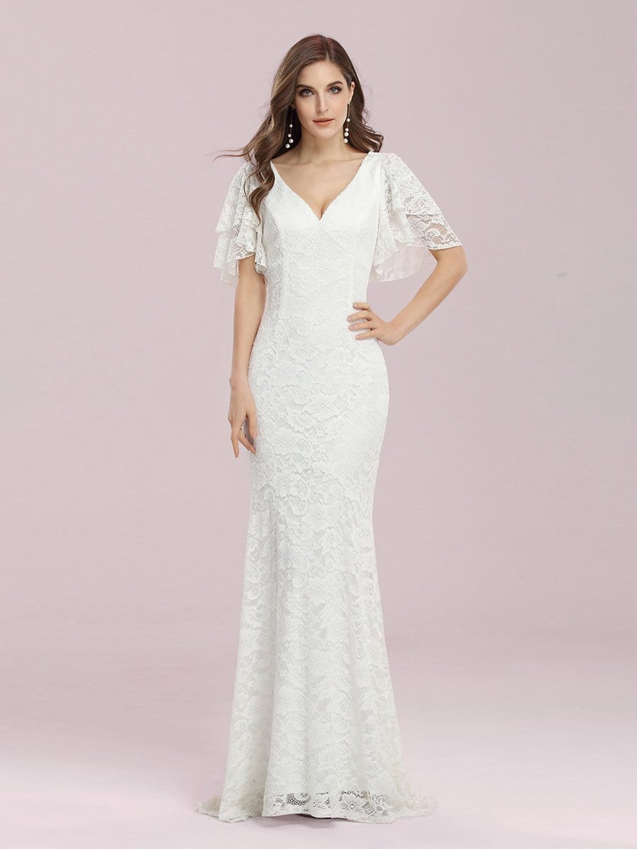 Color=Cream | Romantic V Neck Mermaid Wedding Dress With Flutter Sleeves-Cream 3 Color=Cream | Romantic V Neck Mermaid Wedding Dress With Flutter Sleeves-Cream 3
