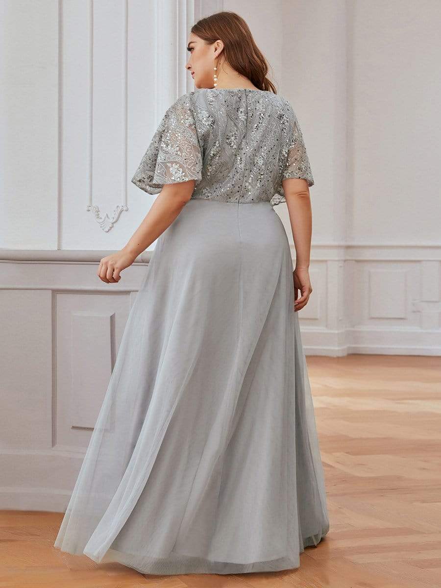 Color=Grey | Elegant V-Neck Tulle Evening Dresses With Paillette Design-Grey 2 Color=Grey | Elegant V-Neck Tulle Evening Dresses With Paillette Design-Grey 2