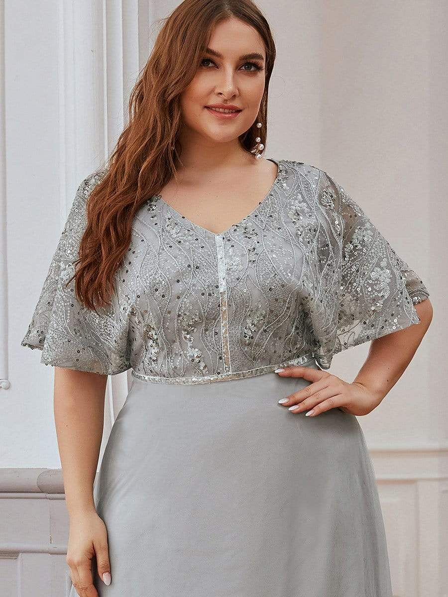 Color=Grey | Elegant V-Neck Tulle Evening Dresses With Paillette Design-Grey 5 Color=Grey | Elegant V-Neck Tulle Evening Dresses With Paillette Design-Grey 5