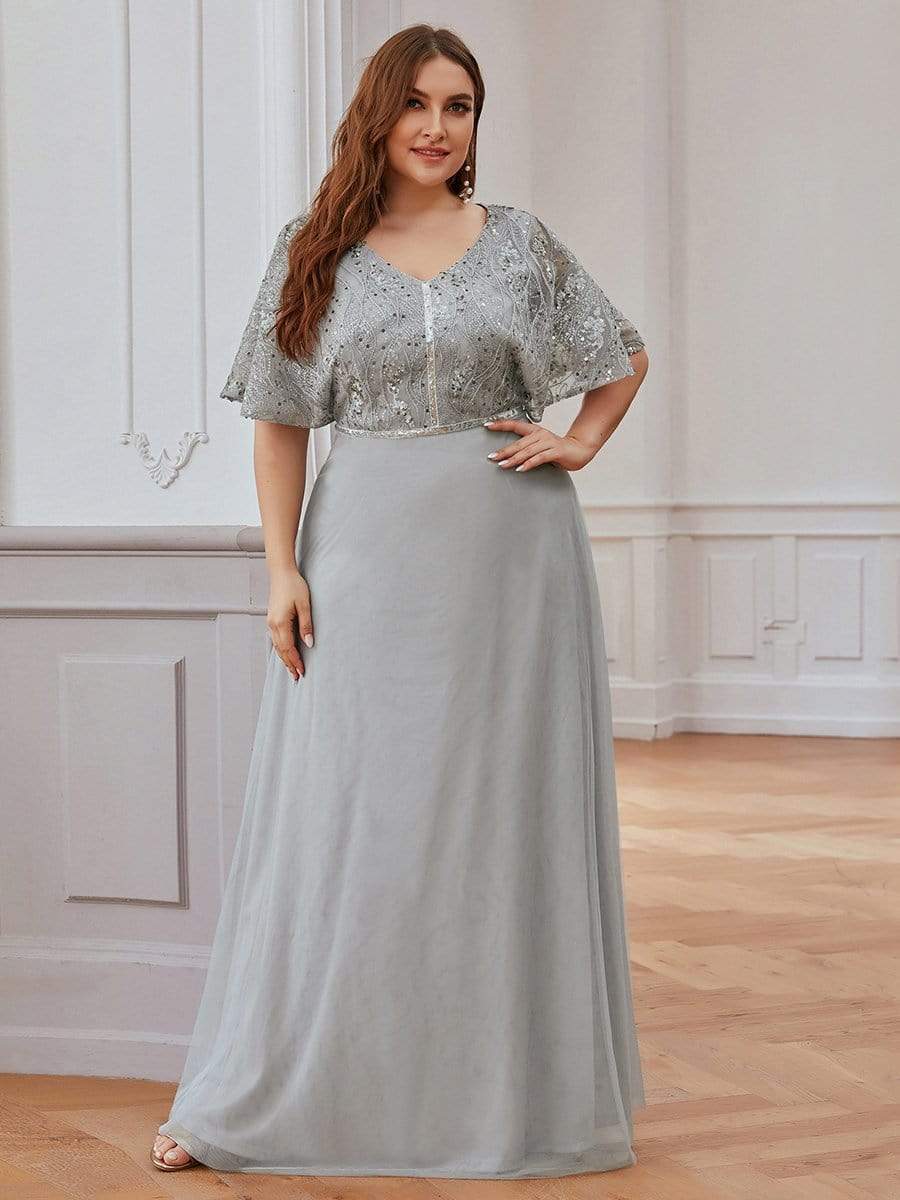 Color=Grey | Elegant V-Neck Tulle Evening Dresses With Paillette Design-Grey 1 Color=Grey | Elegant V-Neck Tulle Evening Dresses With Paillette Design-Grey 1