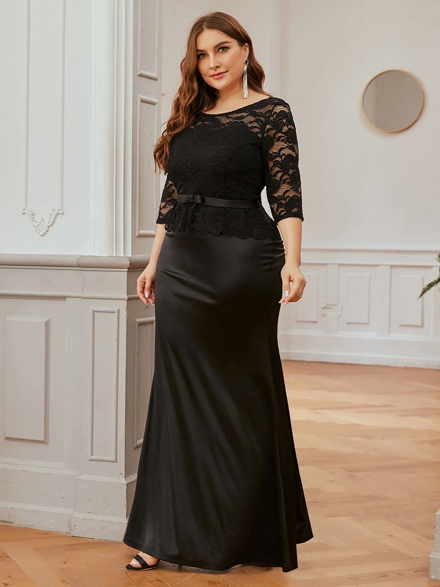 Color=Black | Elegant Plus Size Round Neck Evening Dresses With Half Sleeves-Black 3 Color=Black | Elegant Plus Size Round Neck Evening Dresses With Half Sleeves-Black 3