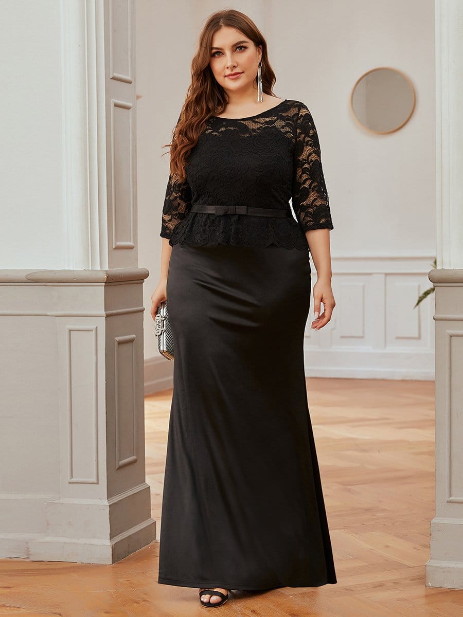 Color=Black | Elegant Plus Size Round Neck Evening Dresses With Half Sleeves-Black 4 Color=Black | Elegant Plus Size Round Neck Evening Dresses With Half Sleeves-Black 4