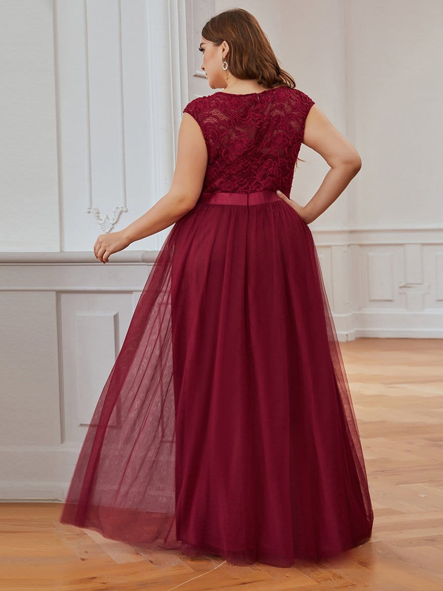 Color=Burgundy | Elegant Plus Size Round Neck Tulip Sleeves Tulle Evening Dresses-Burgundy 2 Color=Burgundy | Elegant Plus Size Round Neck Tulip Sleeves Tulle Evening Dresses-Burgundy 2