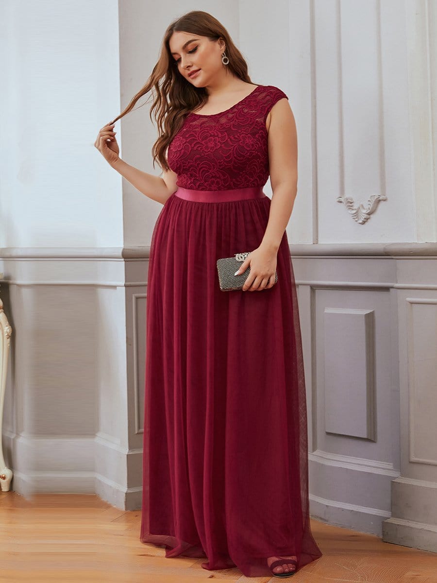 Color=Burgundy | Elegant Plus Size Round Neck Tulip Sleeves Tulle Evening Dresses-Burgundy 3 Color=Burgundy | Elegant Plus Size Round Neck Tulip Sleeves Tulle Evening Dresses-Burgundy 3
