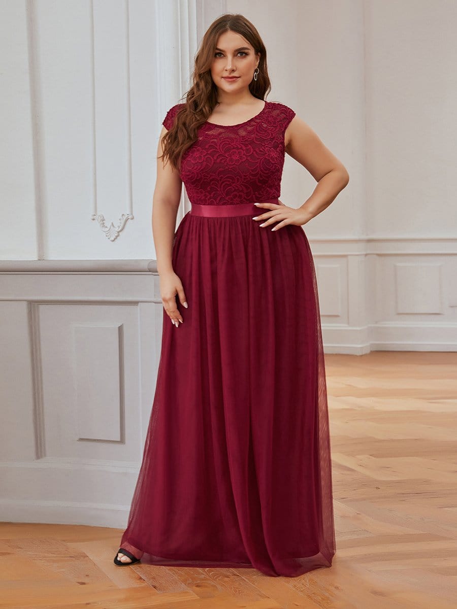 Color=Burgundy | Elegant Plus Size Round Neck Tulip Sleeves Tulle Evening Dresses-Burgundy 4 Color=Burgundy | Elegant Plus Size Round Neck Tulip Sleeves Tulle Evening Dresses-Burgundy 4