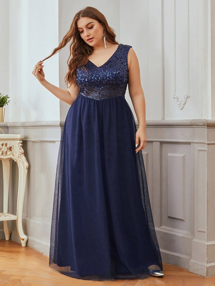 Color=Navy Blue | Gorgeous Sleevesless Double V Neckline Plus Size Tulle Evening Dresses-Navy Blue 1 Color=Navy Blue | Gorgeous Sleevesless Double V Neckline Plus Size Tulle Evening Dresses-Navy Blue 1