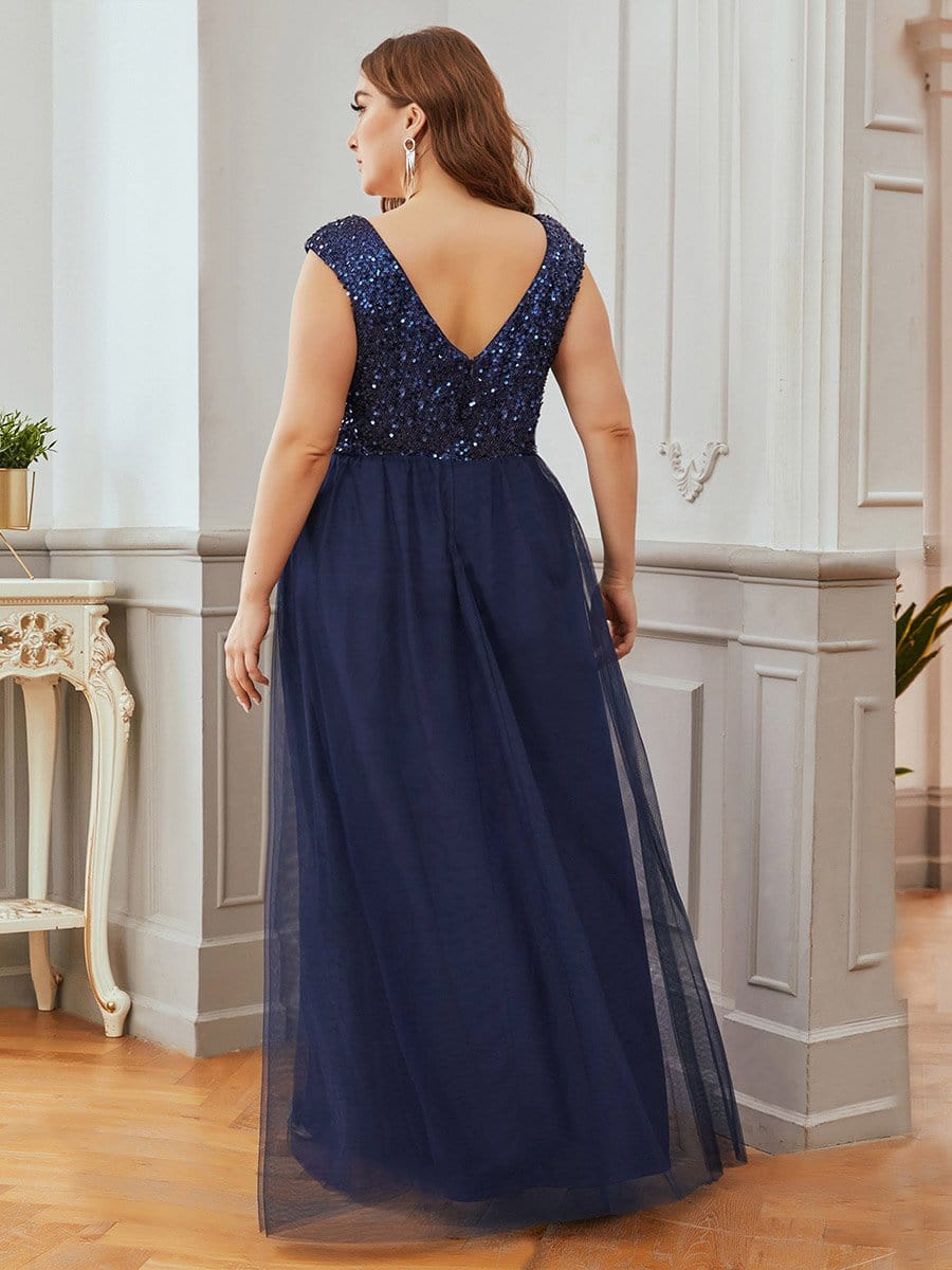 Color=Navy Blue | Gorgeous Sleevesless Double V Neckline Plus Size Tulle Evening Dresses-Navy Blue 2 Color=Navy Blue | Gorgeous Sleevesless Double V Neckline Plus Size Tulle Evening Dresses-Navy Blue 2