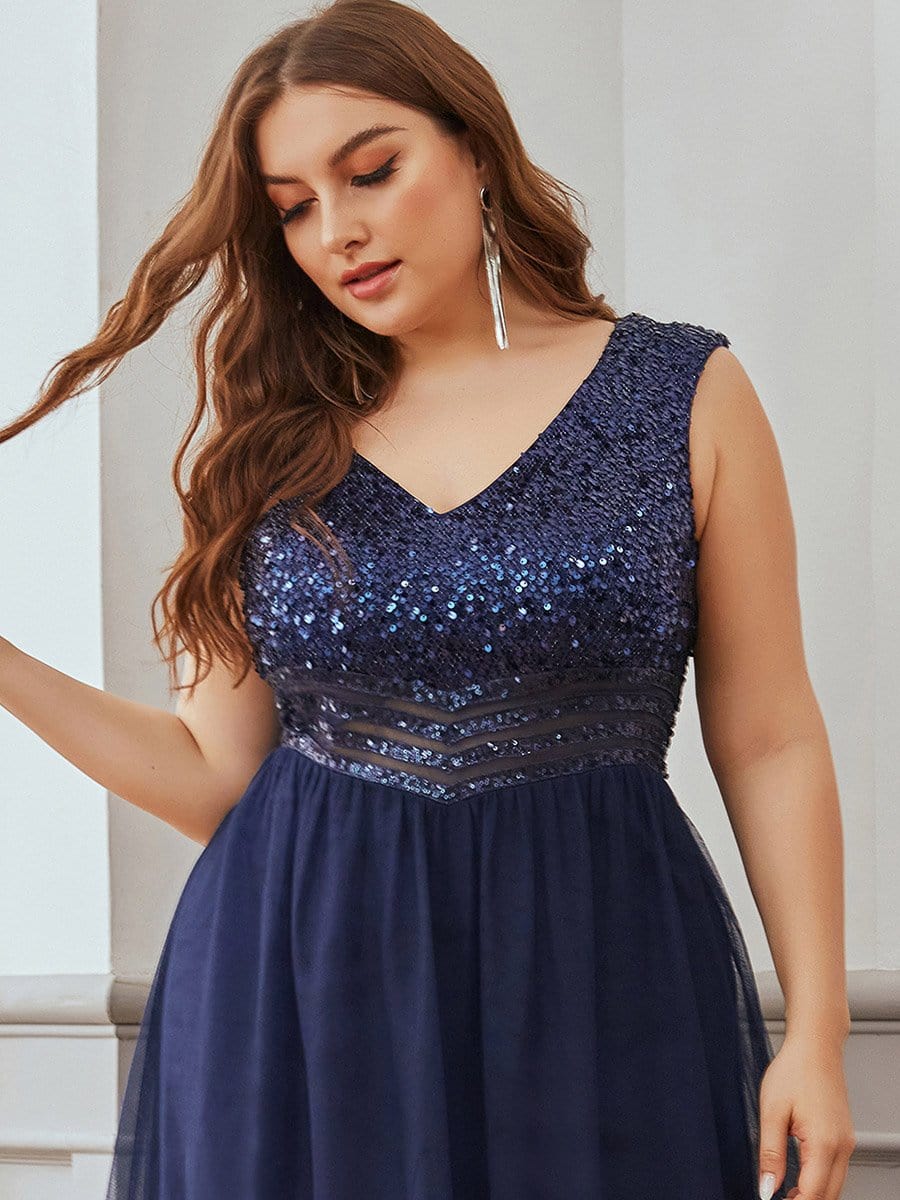 Color=Navy Blue | Gorgeous Sleevesless Double V Neckline Plus Size Tulle Evening Dresses-Navy Blue 5 Color=Navy Blue | Gorgeous Sleevesless Double V Neckline Plus Size Tulle Evening Dresses-Navy Blue 5
