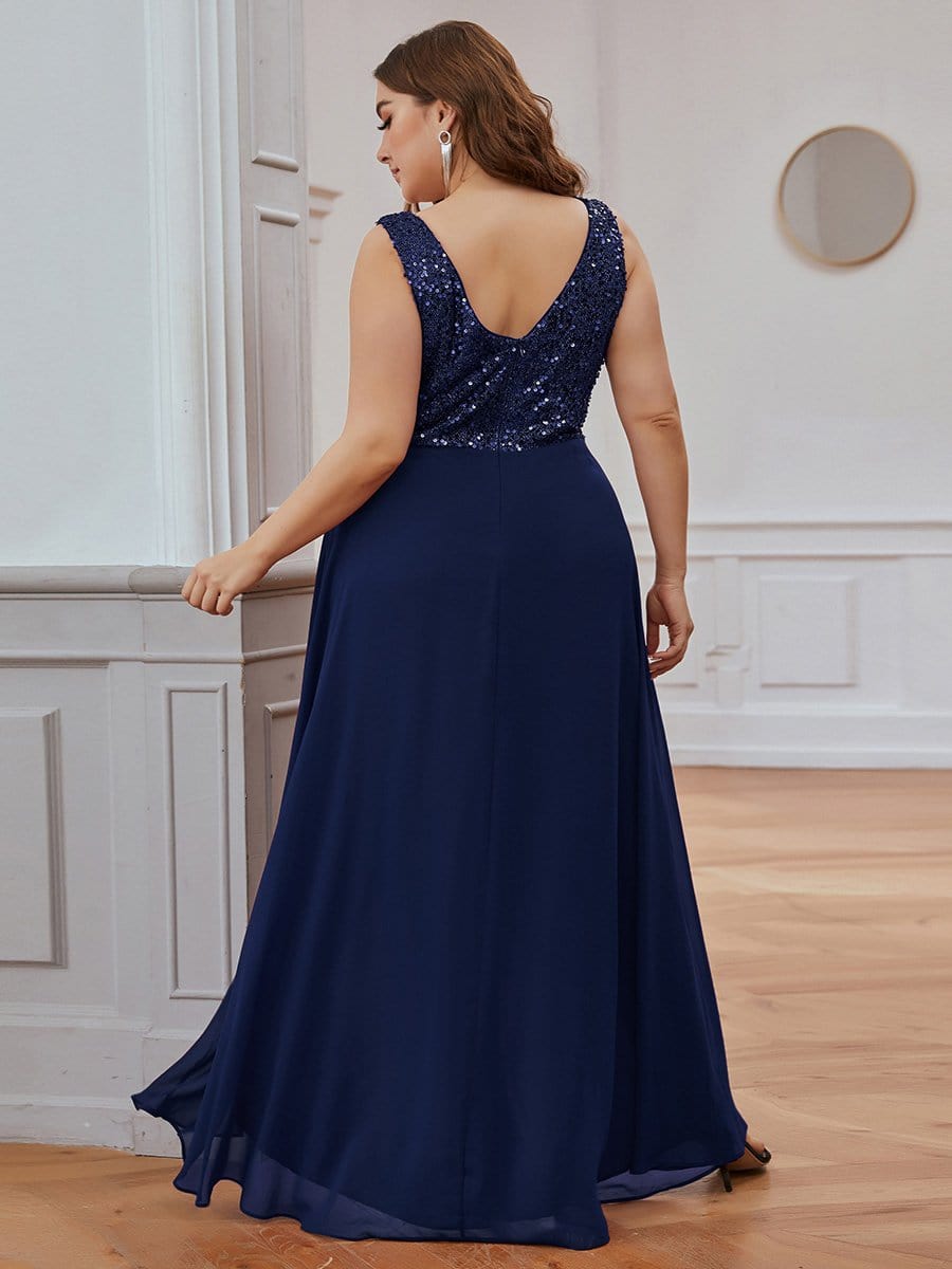 Color=Navy Blue | Elegant Paillette & Chiffon V-Neck A-Line Sleeveless Plus Size Evening Dresses-Navy Blue 4 Color=Navy Blue | Elegant Paillette & Chiffon V-Neck A-Line Sleeveless Plus Size Evening Dresses-Navy Blue 4