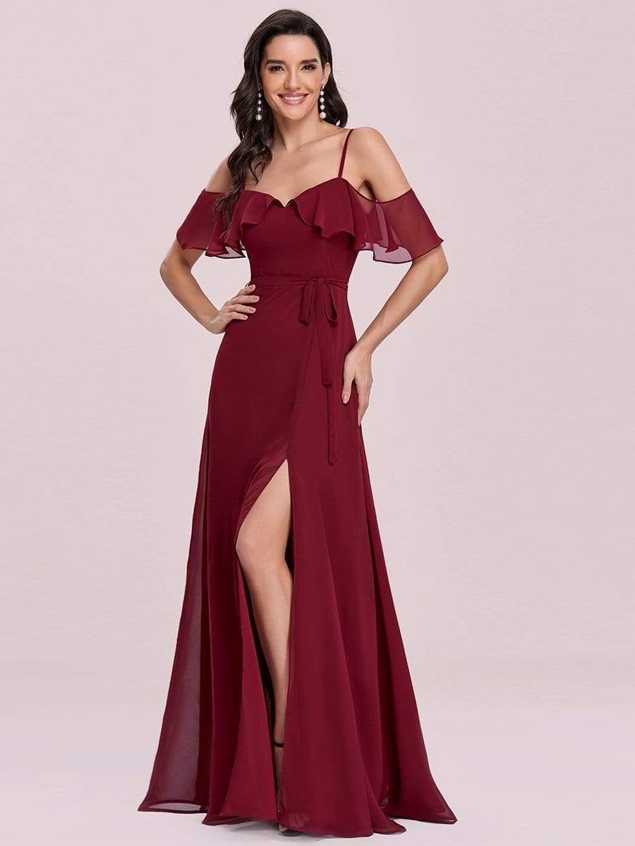 Color=Burgundy | Dainty Chiffon Bridesmaid Dresses With Ruffles Sleeves With Side Slit-Burgundy 4 Color=Burgundy | Dainty Chiffon Bridesmaid Dresses With Ruffles Sleeves With Side Slit-Burgundy 4