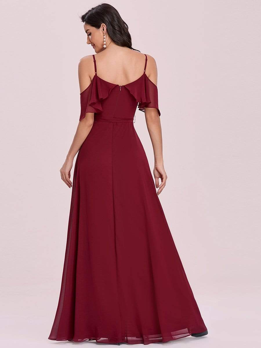 Color=Burgundy | Dainty Chiffon Bridesmaid Dresses With Ruffles Sleeves With Side Slit-Burgundy 7 Color=Burgundy | Dainty Chiffon Bridesmaid Dresses With Ruffles Sleeves With Side Slit-Burgundy 7