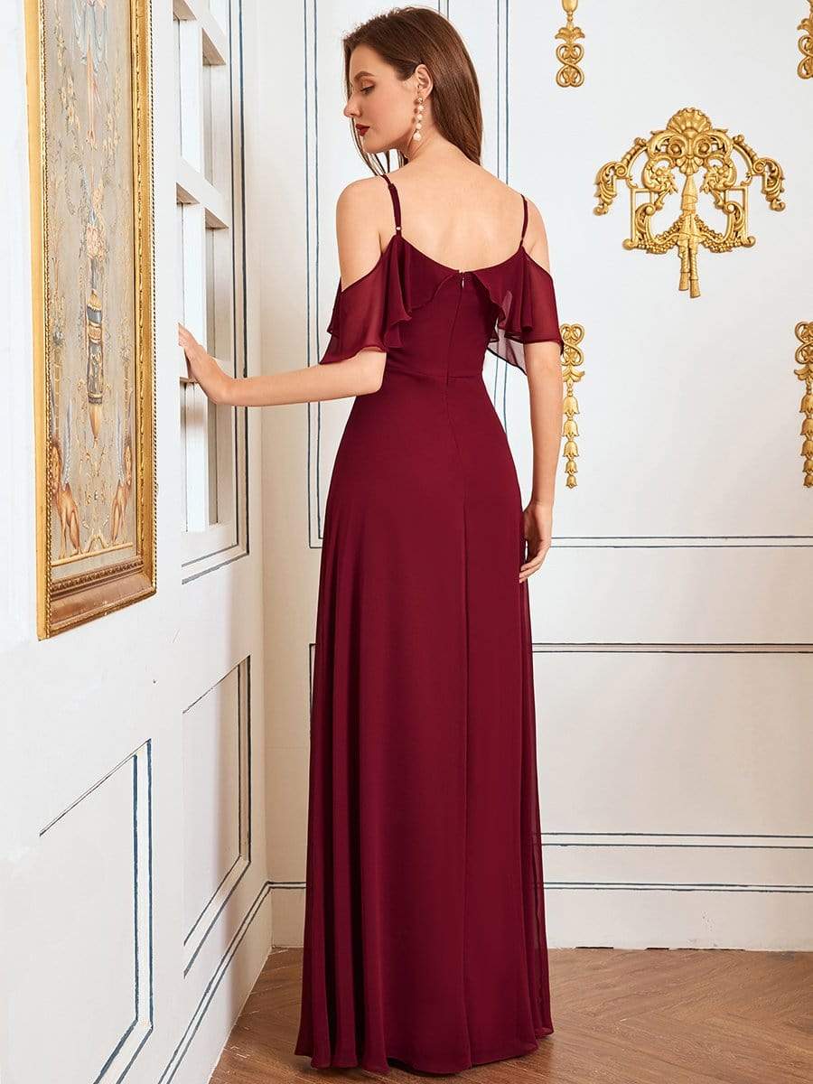 Color=Burgundy | Dainty Chiffon Bridesmaid Dresses With Ruffles Sleeves With Side Slit-Burgundy 2 Color=Burgundy | Dainty Chiffon Bridesmaid Dresses With Ruffles Sleeves With Side Slit-Burgundy 2