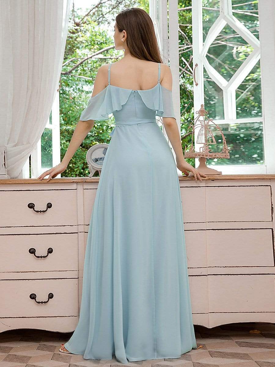 Color=Sky Blue | Dainty Chiffon Bridesmaid Dresses With Ruffles Sleeves With Side Slit-Sky Blue 2 Color=Sky Blue | Dainty Chiffon Bridesmaid Dresses With Ruffles Sleeves With Side Slit-Sky Blue 2