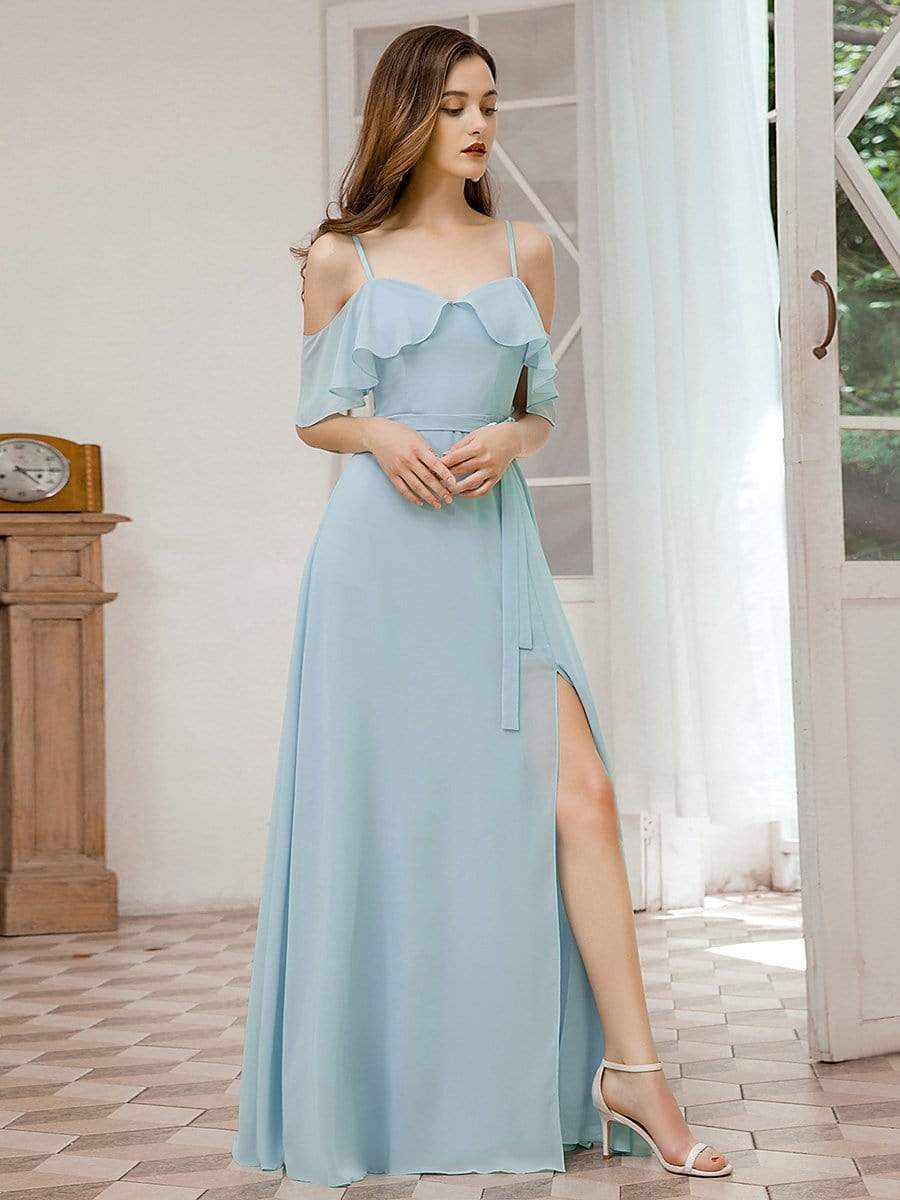 Color=Sky Blue | Dainty Chiffon Bridesmaid Dresses With Ruffles Sleeves With Side Slit-Sky Blue 4 Color=Sky Blue | Dainty Chiffon Bridesmaid Dresses With Ruffles Sleeves With Side Slit-Sky Blue 4