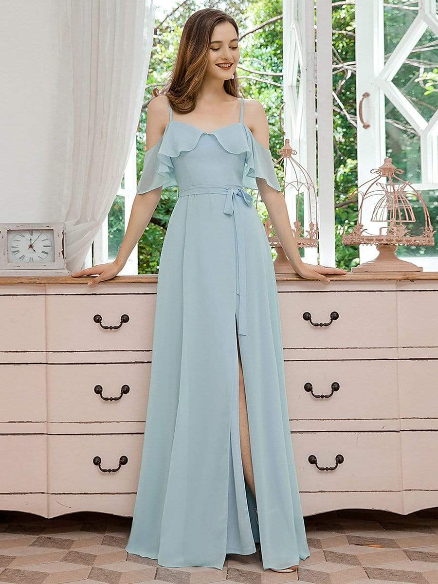 Dainty Chiffon Bridesmaid Dresses with Ruffles Sleeves with Side Slit Dainty Chiffon Bridesmaid Dresses with Ruffles Sleeves with Side Slit