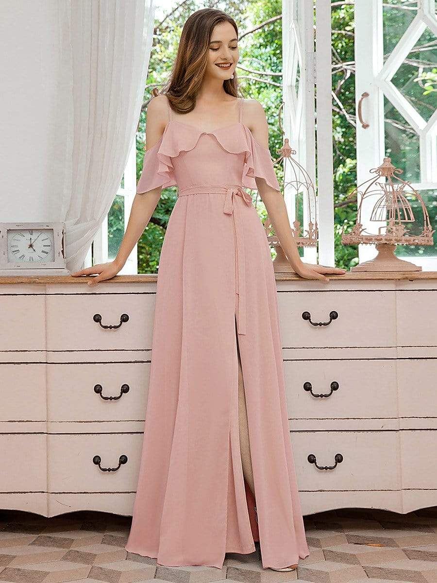 Color=Pink | Dainty Chiffon Bridesmaid Dresses With Ruffles Sleeves With Side Slit-Pink 1 Color=Pink | Dainty Chiffon Bridesmaid Dresses With Ruffles Sleeves With Side Slit-Pink 1