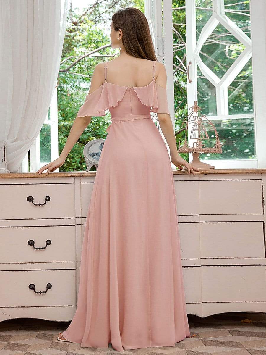 Color=Pink | Dainty Chiffon Bridesmaid Dresses With Ruffles Sleeves With Side Slit-Pink 2 Color=Pink | Dainty Chiffon Bridesmaid Dresses With Ruffles Sleeves With Side Slit-Pink 2